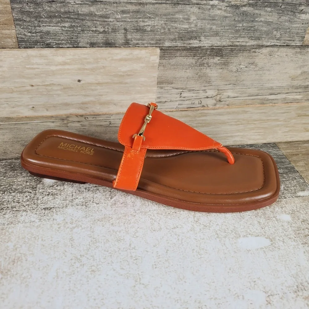 Michael Kors Lena Womens T-Strap Sandal Sz 6.5 M Orange Leather Slip On Open Toe